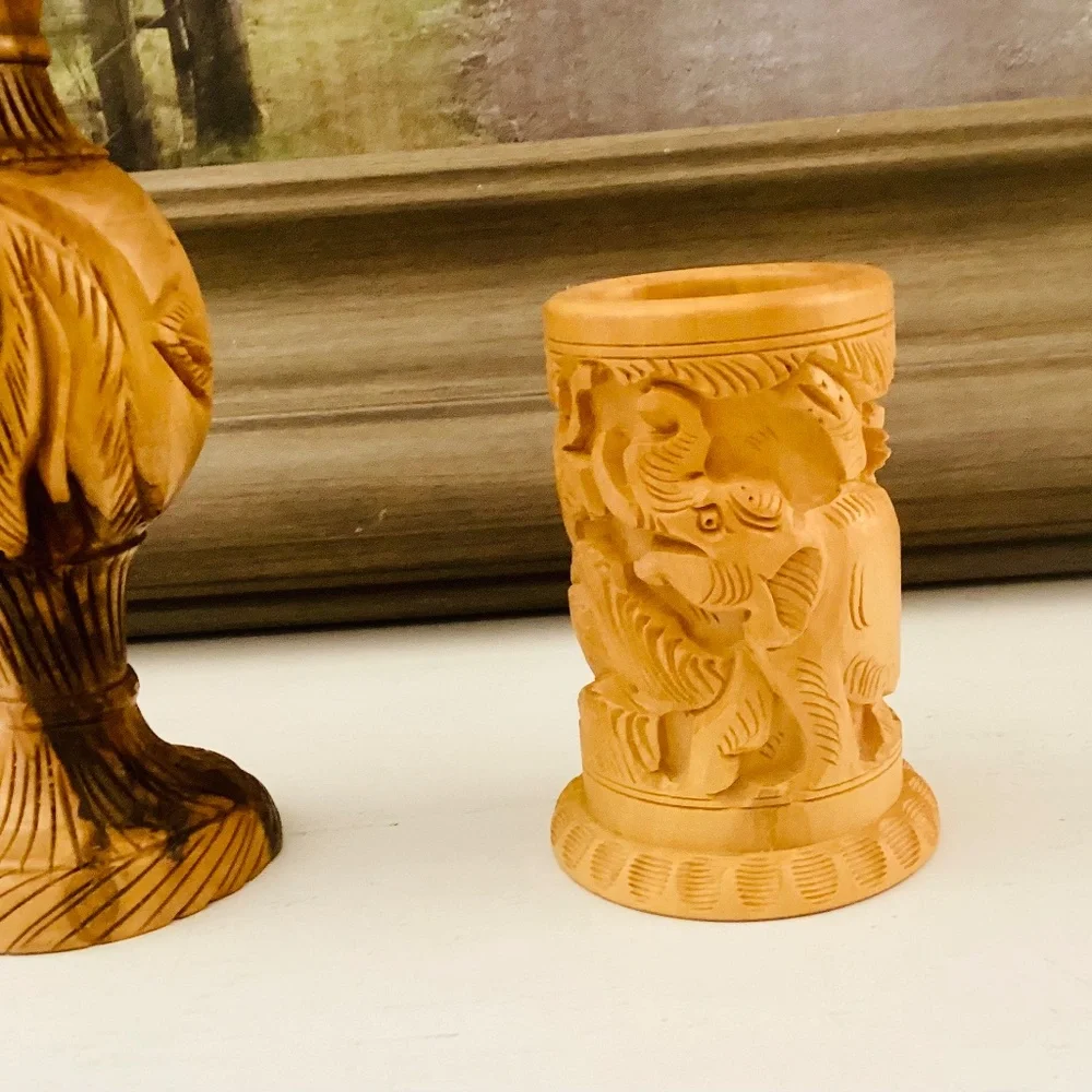 Handcrafted Carved Wooden Vase Pencil Holder Gift Set Of 2 Office Décor Vintage